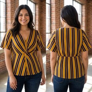 Striped V-Neck Blouse in Mustard and Navy